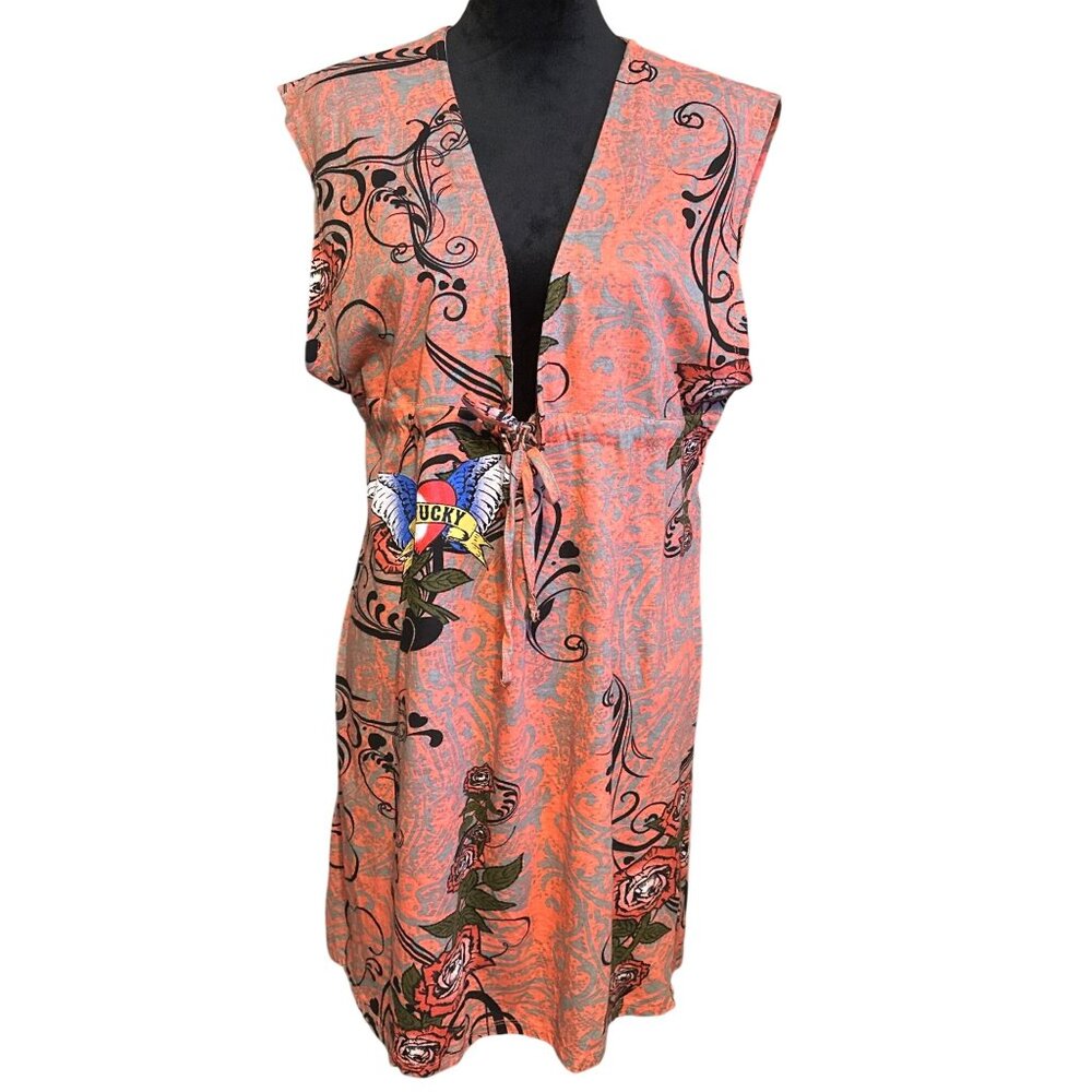 American Crown Womens Orange Sleeveless Boho Printed Tunic Dress With V-Neck & A